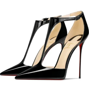 New pointed shallow mouth patent leather T-shaped buckle strap single shoe with feminine temperament, slim heel high heels