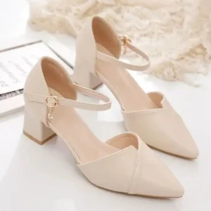 Ladies Elegant Beige Pointed Toe Thin Strap Cross Buckle Mid Heel Sandals Daily Office Shoes